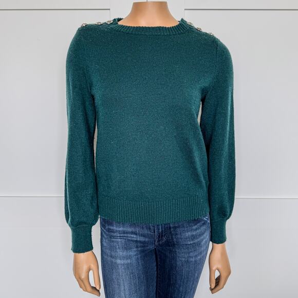 J. Crew, Teal/Green Crewneck Sweater w/ Jeweled Buttoned Shoulders-Women’s Small - Picture 1 of 9